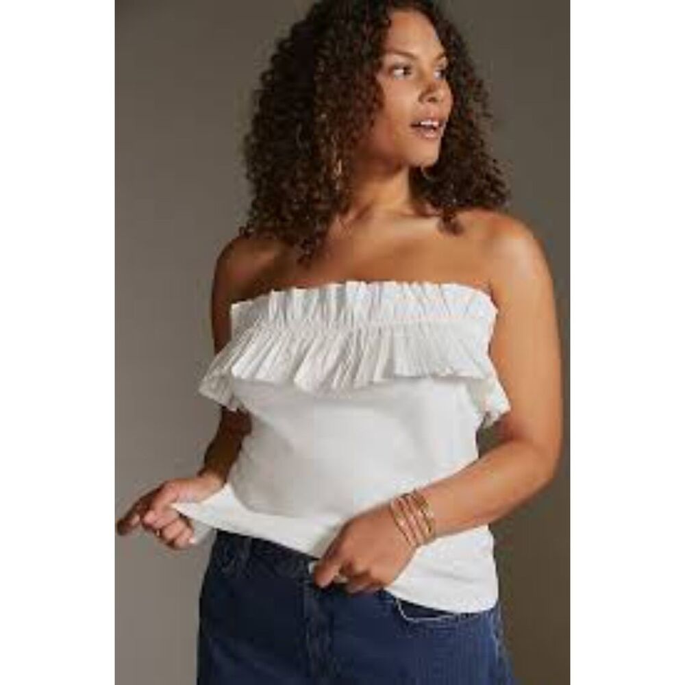 NWT Maeve by Anthropologie Poplin Ruffle Tube Top Size L White Coastal Chic